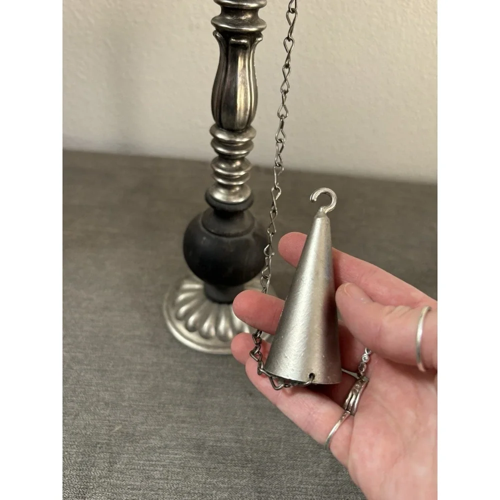 Vintage Unbranded Candle Holder  w/ Chained‎ Snuffer Wood & Metal 11.5